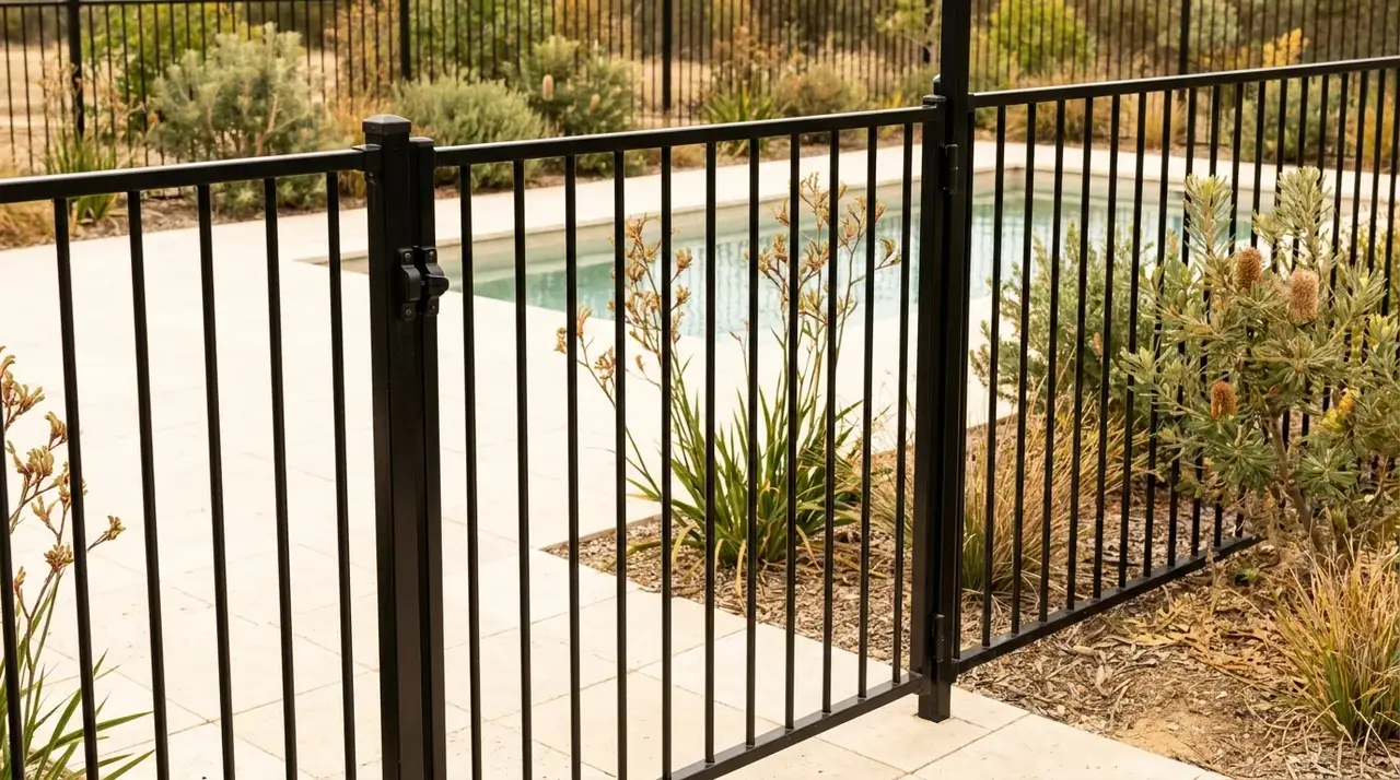 A black aluminium pool fence with a self-closing gate and latch beside a backyard swimming pool