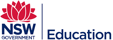 NSW Education logo featuring red waratah emblem and blue government text on white background